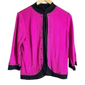 Ming Wang Magenta Pink Black Rhinestone Embellished Cardigan Sweater Size Small